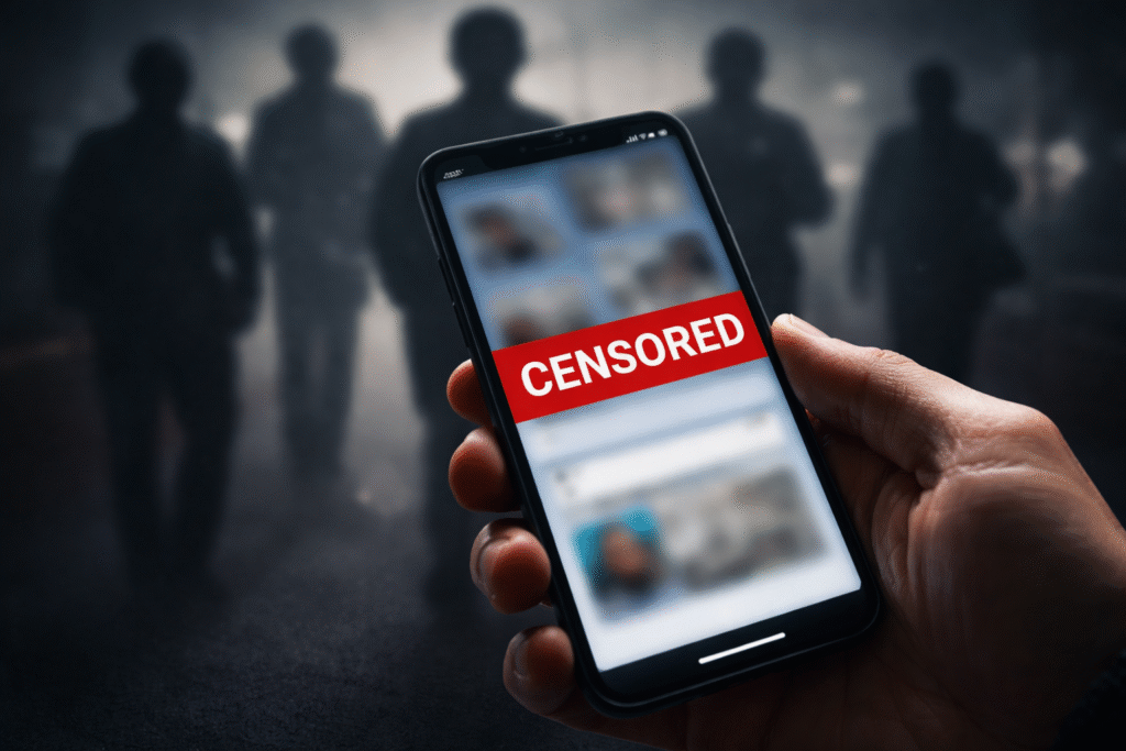 A symbolic scene showing a person using a smartphone with blurred content and shadowed figures, representing concerns about censorship, restricted speech, and digital control.