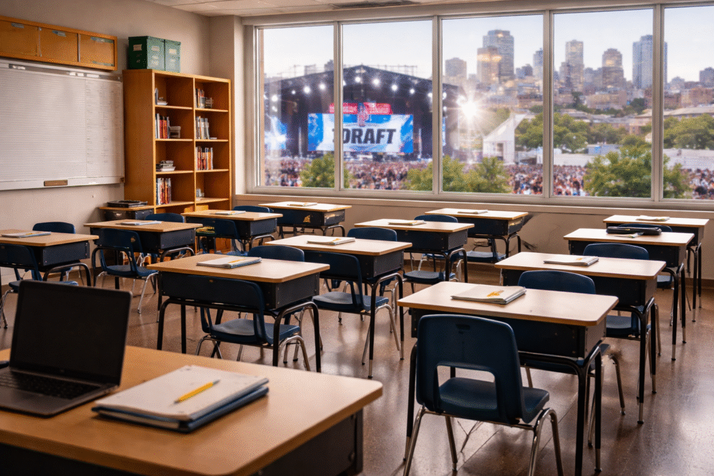 A quiet city school classroom with empty desks and chairs, symbolizing the shift to remote learning during a major public event.