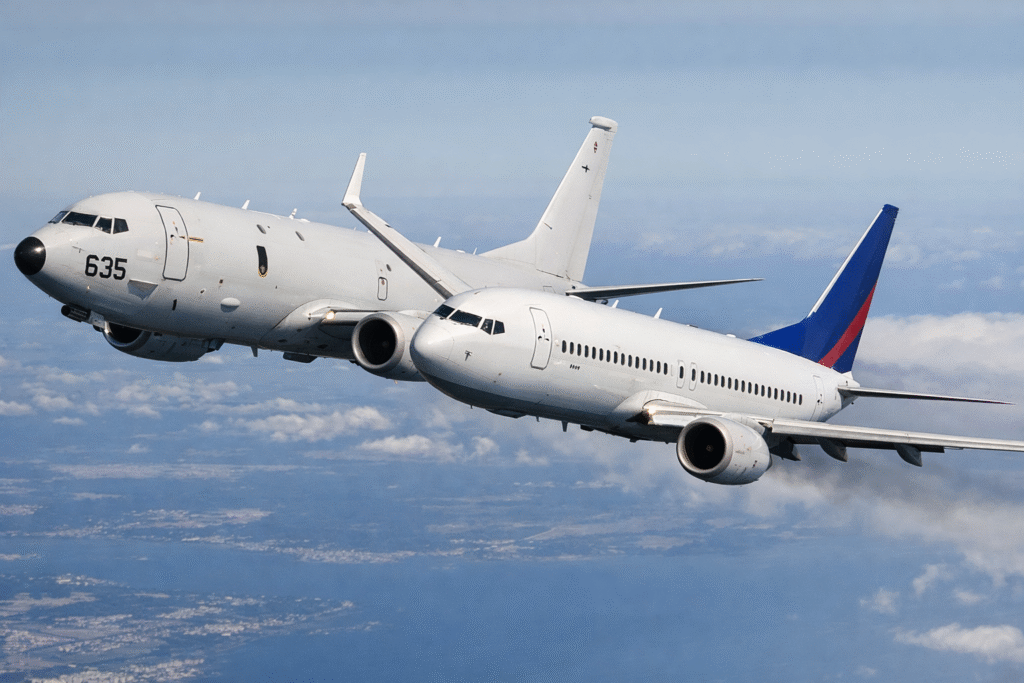 Two aircraft flying extremely close together in midair, illustrating a dangerous near-collision between a military plane and a commercial passenger jet.