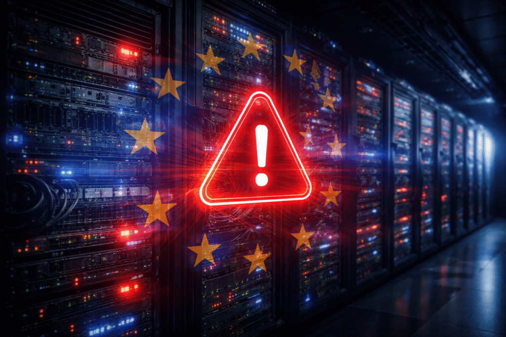 Server racks in a data center with dim lighting and warning indicators, symbolizing conflict over internet control and blocking systems.