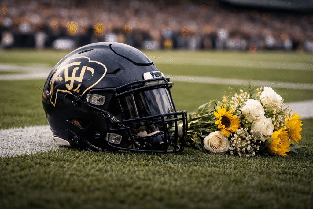 Photograph of a Colorado Buffaloes football helmet placed on a field with a bouquet of flowers nearby, symbolizing the college football community mourning the loss of quarterback Dominiq Ponder at age 23.