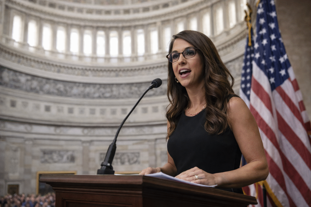Lauren Boebert speaking at a podium with the US Capitol in the background, representing political advocacy for religious exemptions and First Amendment rights.