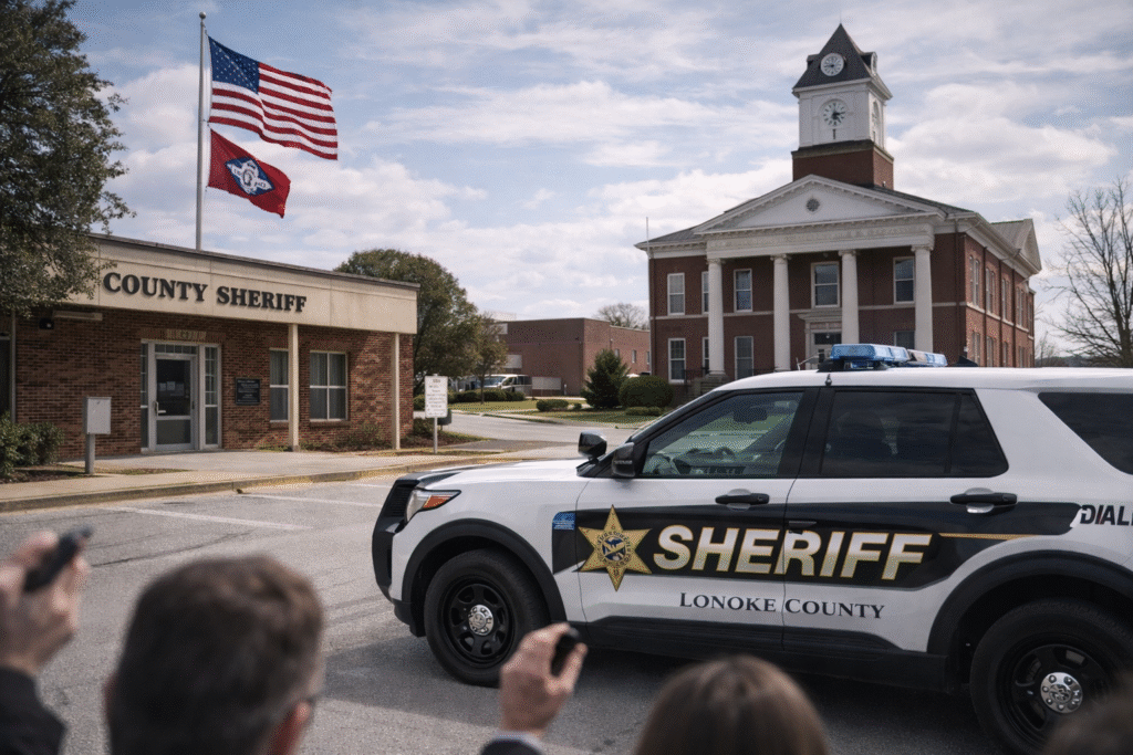 County sheriff’s office and patrol vehicle outside a courthouse representing a local sheriff election in the United States.