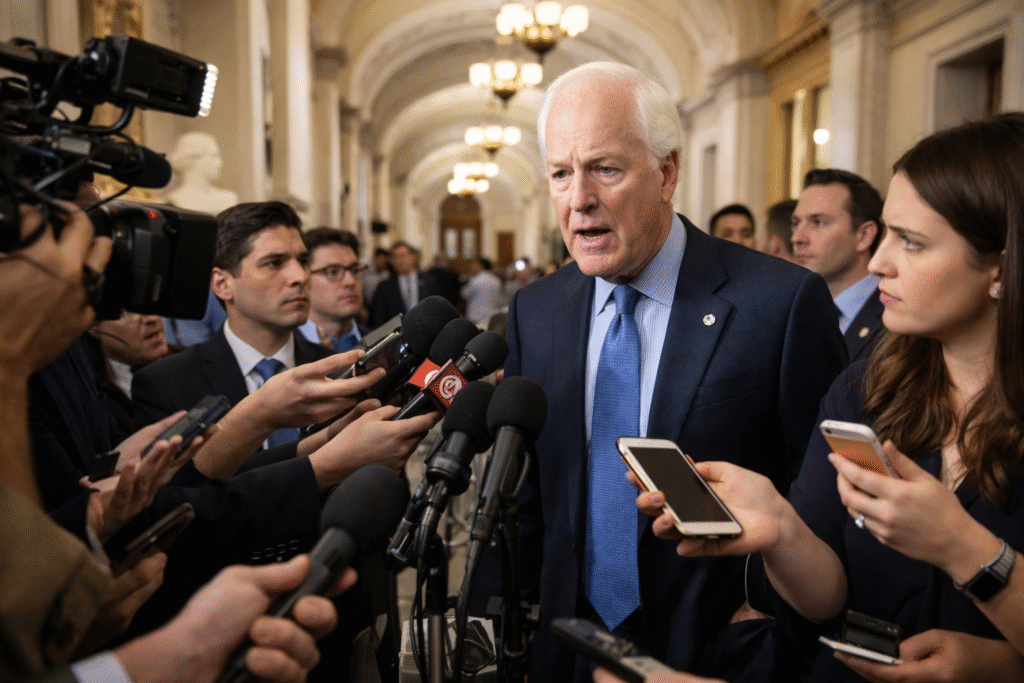 Reporters holding microphones and cameras around a politician in a Capitol Hill hallway during a press exchange.