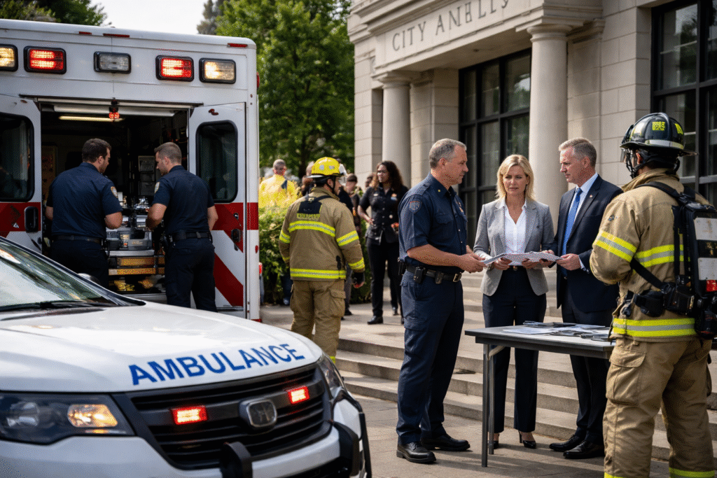 A realistic image showing an ambulance parked outside a municipal building while emergency responders and officials coordinate services in a city setting.