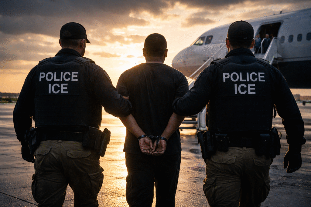 Silhouetted figure escorted by officers toward an aircraft on a runway, symbolizing deportation and international transfer under legal supervision.