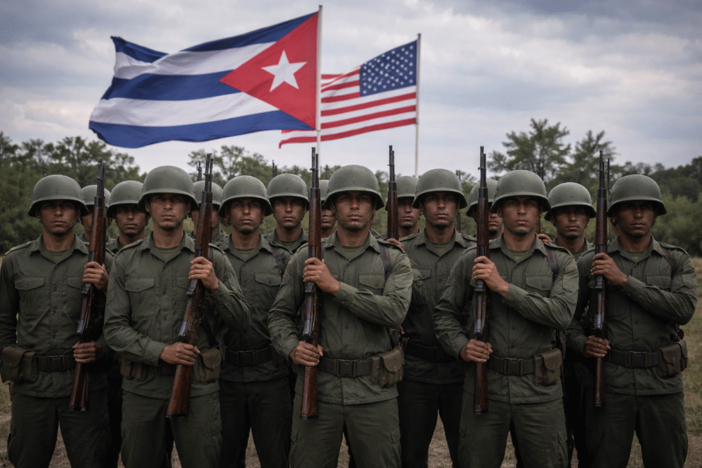 Line of Cuban soldiers in uniform facing forward with rifles, with Cuban and American flags visible behind them under a cloudy sky