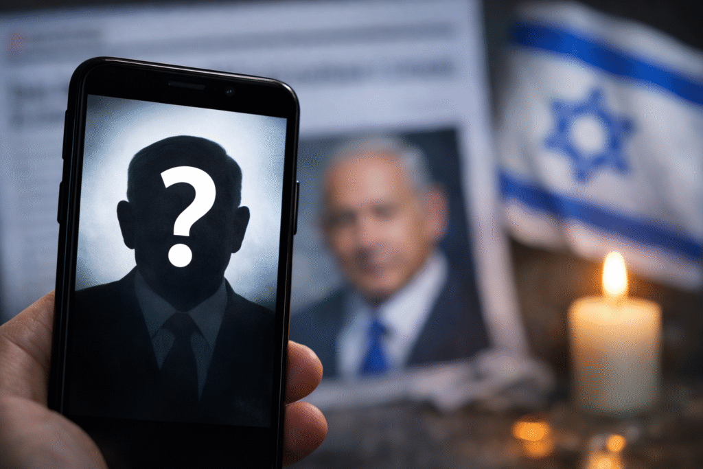 Smartphone displaying a silhouette with a question mark, symbolizing uncertainty around Benjamin Netanyahu, with blurred Israeli flag and candle in the background.
