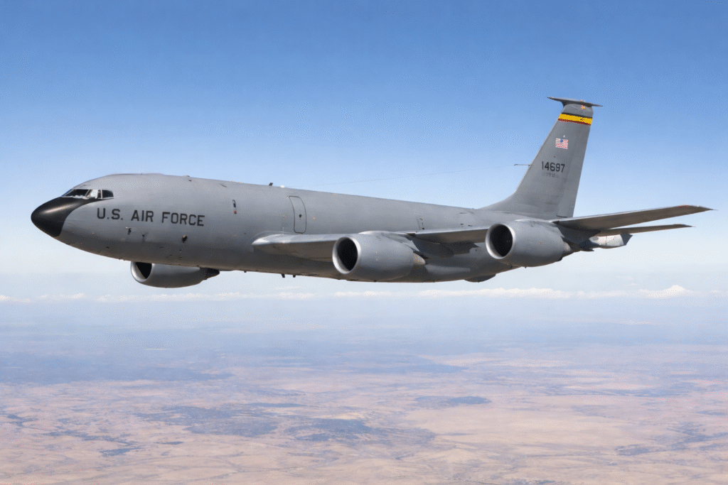 U.S. Air Force KC-135 Stratotanker aerial refueling aircraft flying in clear skies during a military mission.