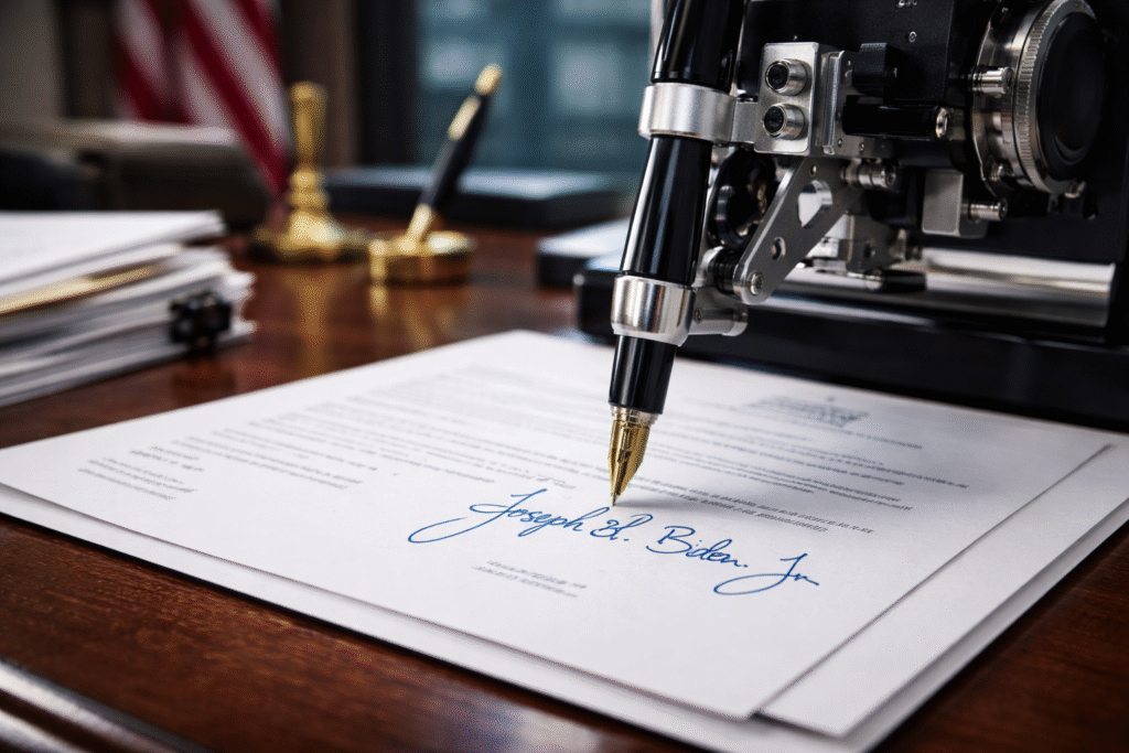 Mechanical autopen device signing official government documents on a desk, symbolizing controversy over the use of automated presidential signatures.