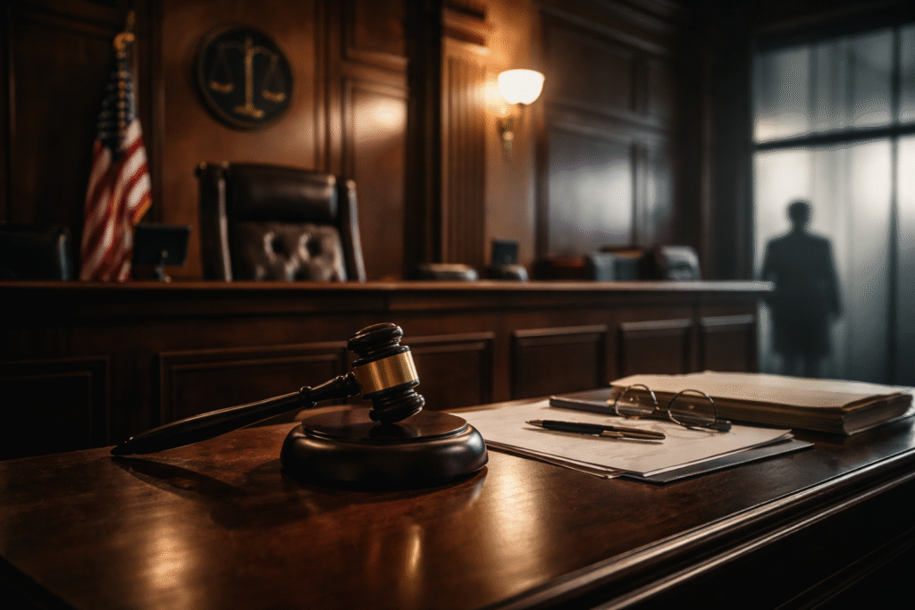 A dimly lit courtroom with a judge’s bench and gavel in focus, symbolizing a controversial legal ruling and public debate over sentencing fairness.