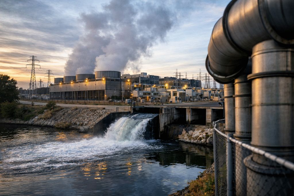 Industrial data center cooling system using water near a facility with pipes, cooling towers, and visible steam emissions.