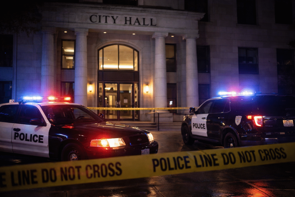 Police vehicles with flashing lights outside a city hall building, symbolizing the arrest of a municipal official in a criminal investigation.