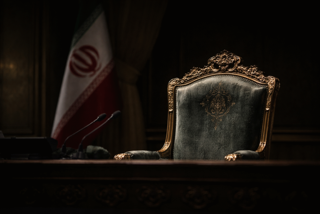 Empty ornate chair behind a government desk with microphones, softly lit in a dark chamber, with a blurred Iranian flag in the background symbolizing leadership uncertainty.