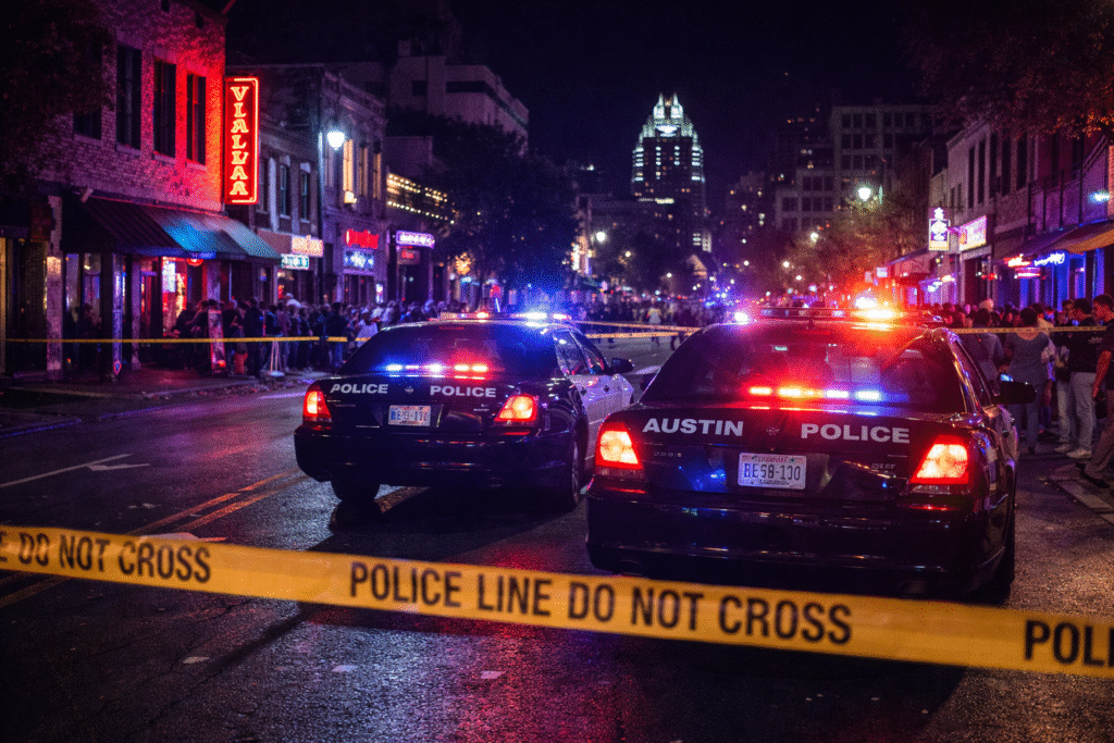 Police vehicles with flashing lights outside a nightlife district in Austin, Texas following a shooting incident.