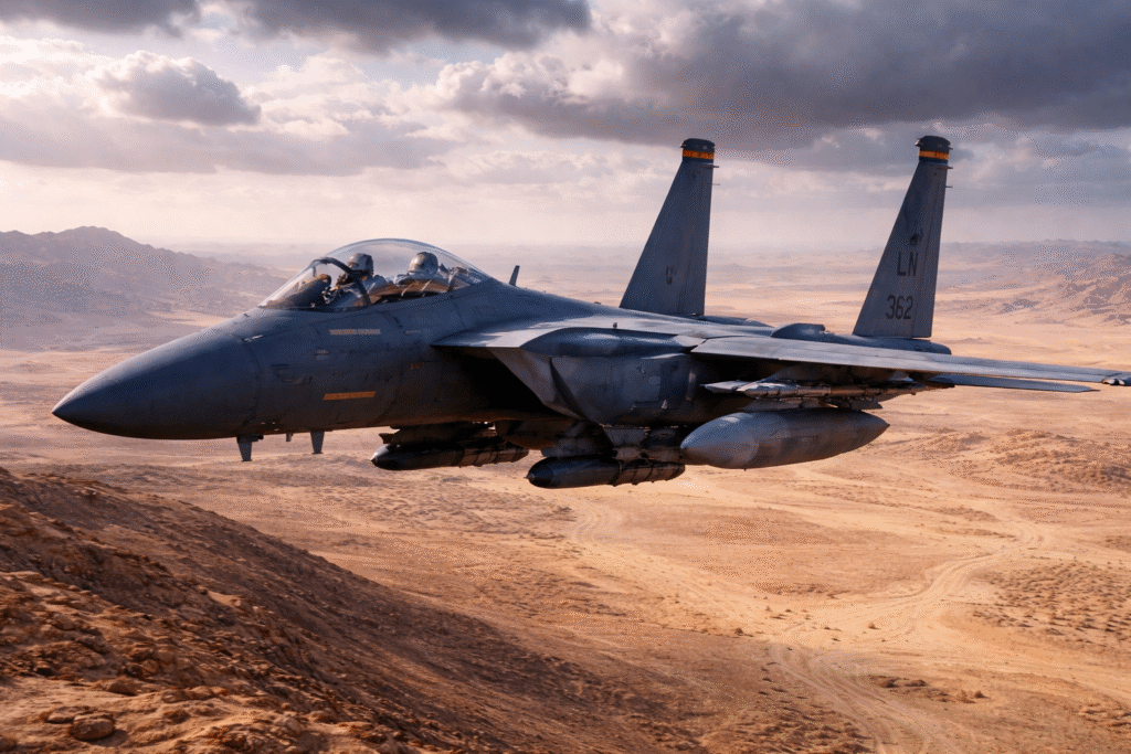 U.S. Air Force F-15E Strike Eagle fighter jet flying over desert terrain during military operations.