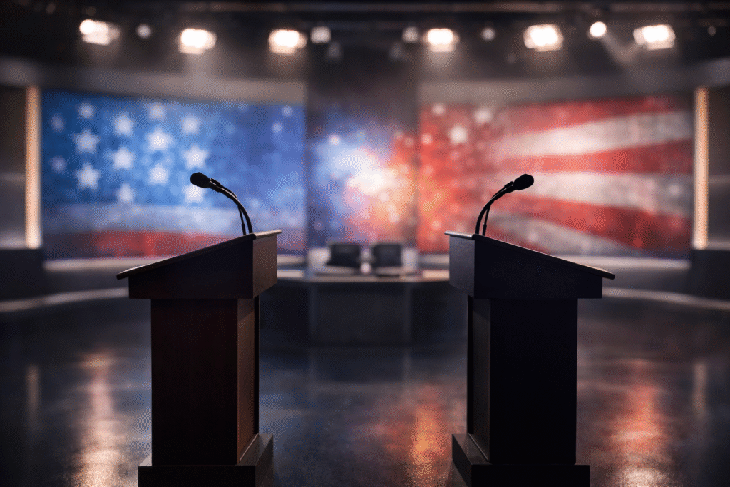 Two podiums facing each other in a studio setting symbolizing a political dispute between public figures.