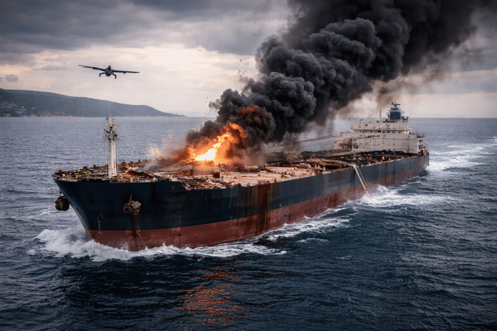 Large oil tanker at sea with visible damage and smoke near the Turkish coast, representing a drone strike on an energy vessel.