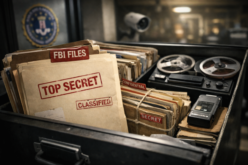 Open file cabinet containing classified investigative folders, surveillance tapes, and intelligence documents inside a secure government office environment.