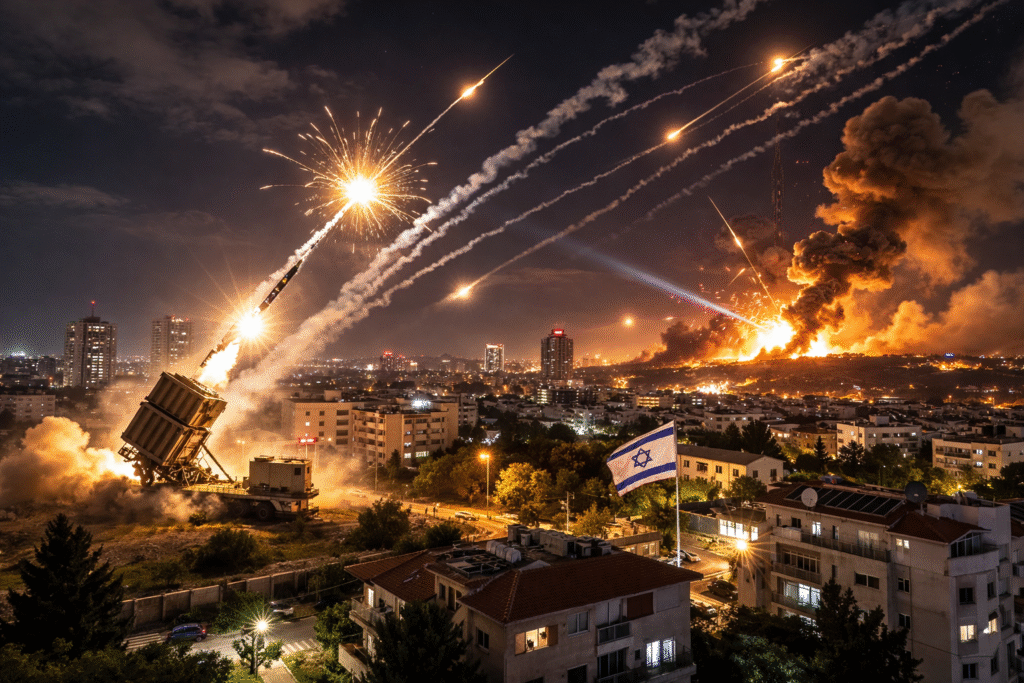 Israeli air defense intercepting incoming missiles over a city at night during a rocket attack.