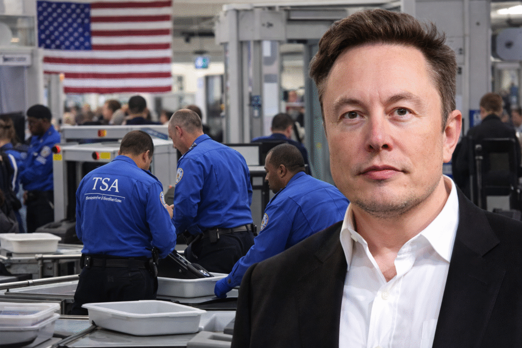 Elon Musk standing in front of an airport security checkpoint with TSA officers in blue uniforms screening passengers, with an American flag visible in the background