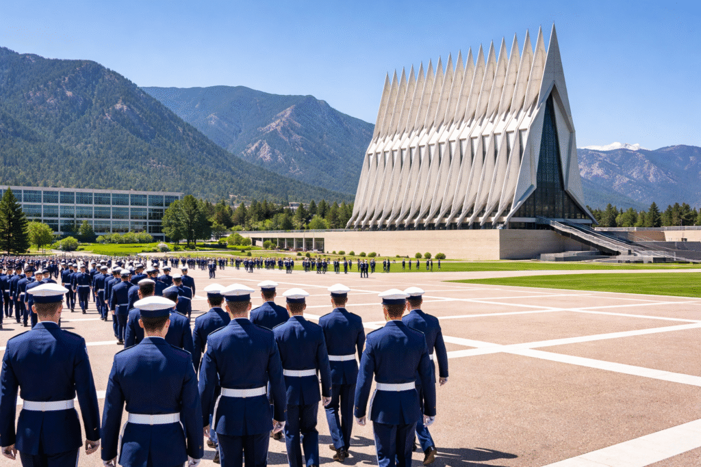 U.S. Air Force Academy campus in Colorado Springs with cadets and the academy chapel, symbolizing leadership oversight roles connected to the institution.