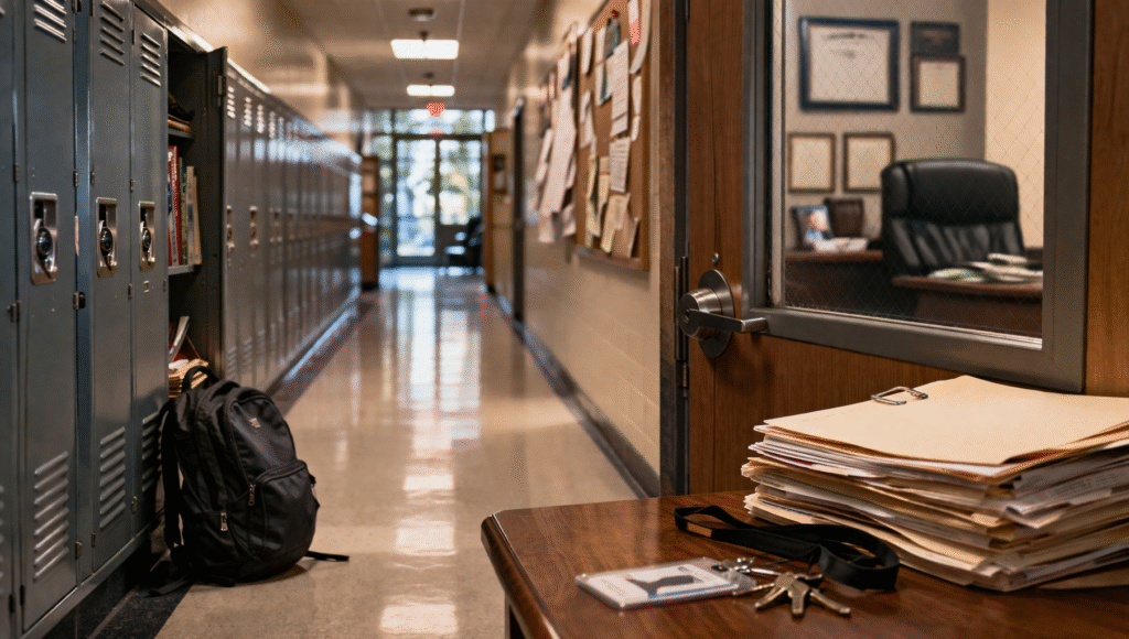 Empty school hallway with lockers and a closed office door, representing a school leadership scandal