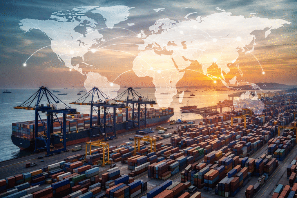 Large international shipping port with cargo containers and cranes representing global trade routes and infrastructure development.