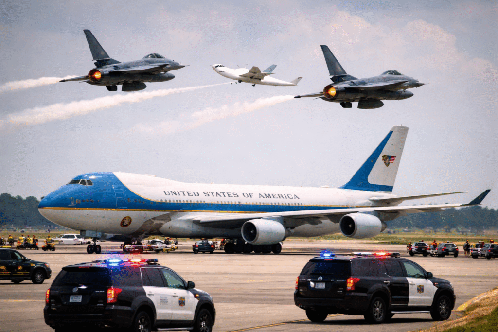 F-16 fighter jets intercepting an aircraft near a commercial airport with security vehicles on the ground, representing an airspace security response.
