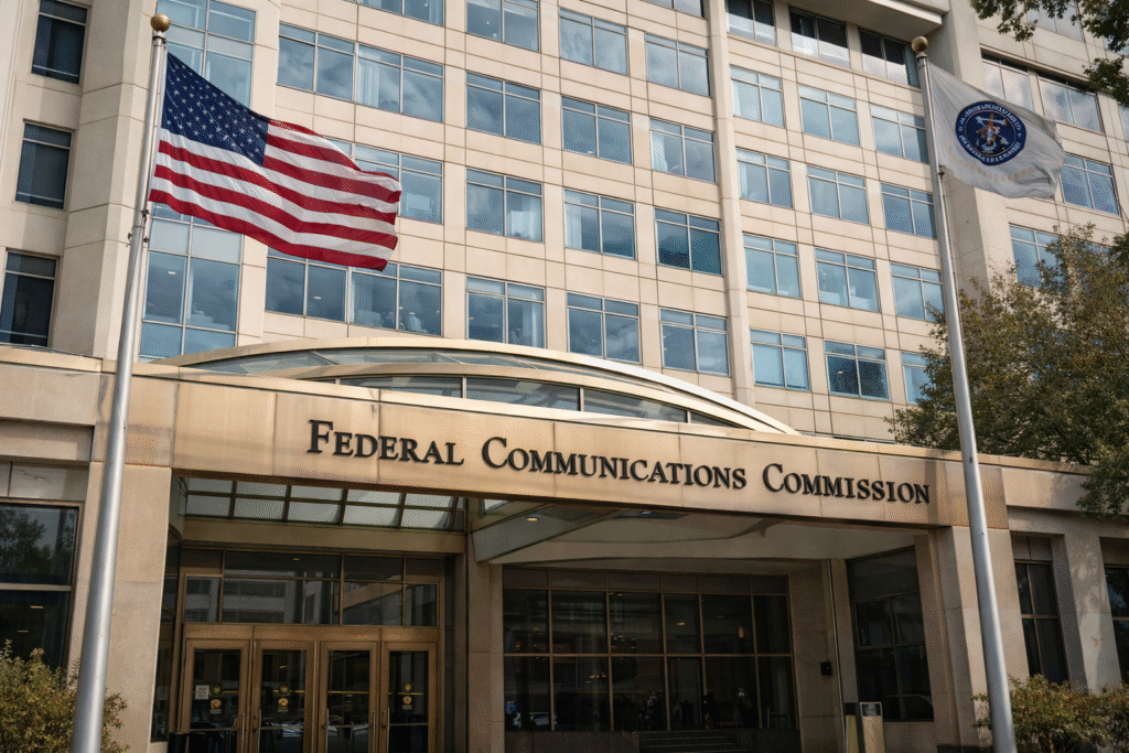 Exterior of the Federal Communications Commission headquarters in Washington DC representing federal oversight of broadcast media.