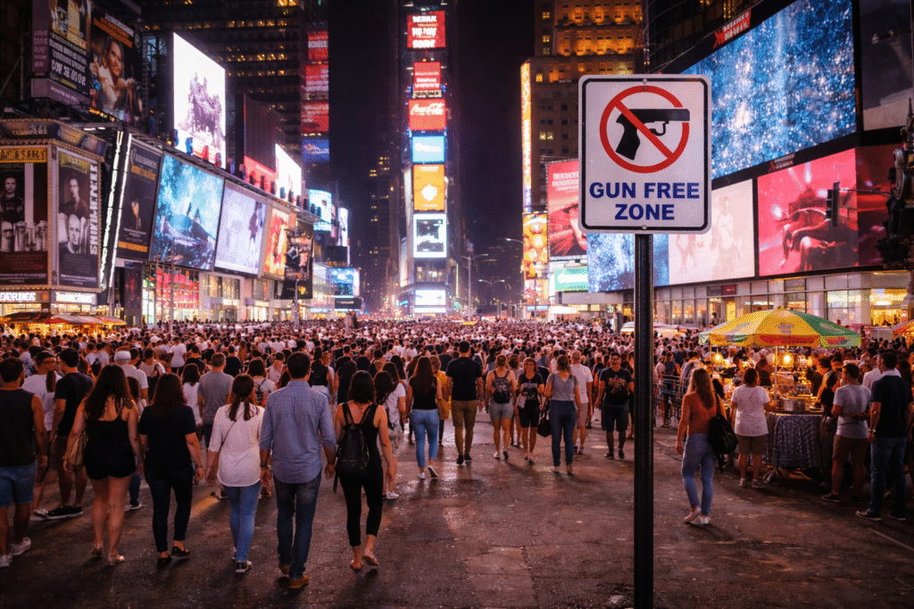 Busy nighttime crowd in Times Square with bright billboards and a prominent gun-free zone sign in the foreground.