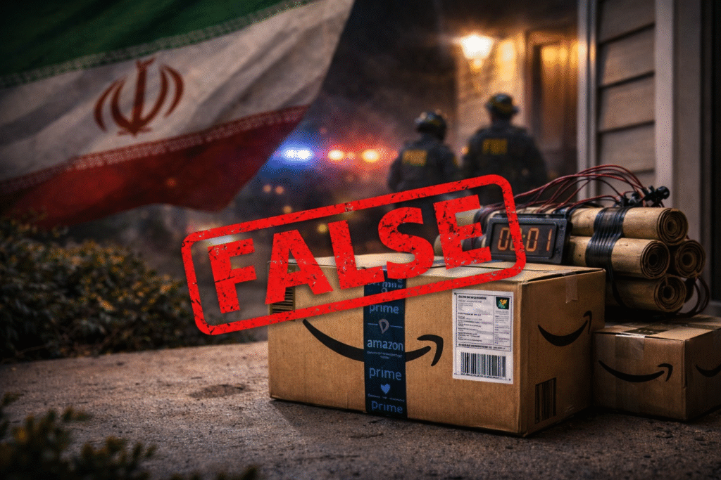 Amazon delivery boxes on a residential doorstep with a red “FALSE” stamp over the scene, illustrating debunked viral claims about Iranian “Amazon package bombs.”