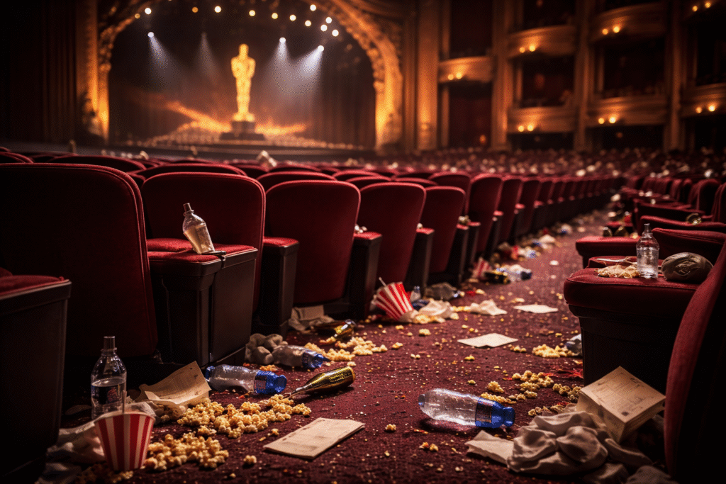 Empty theater auditorium after a major awards event, with seats and floors covered in discarded bottles, food containers, and debris.