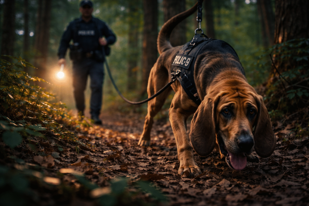 Police bloodhound search-and-rescue dog tracking through a wooded area during an evening operation to locate a missing child.