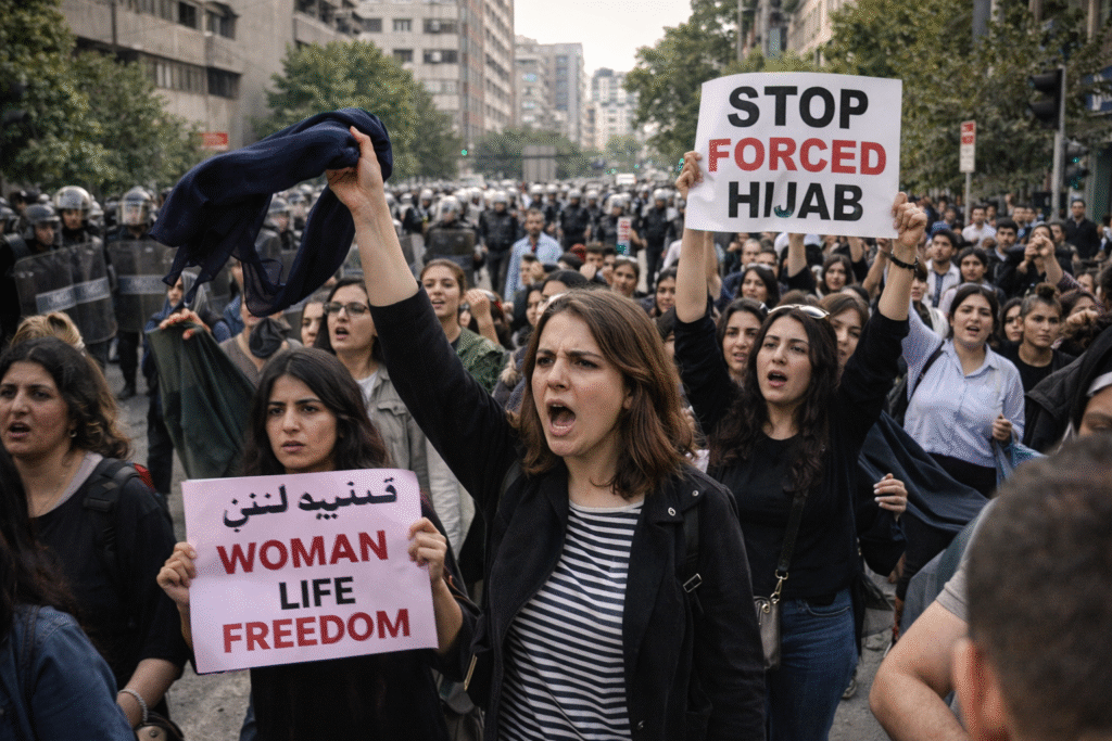 Women participating in a street protest in Iran demanding greater rights and opposing mandatory hijab laws.