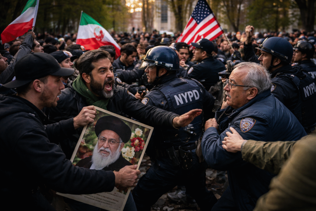 Crowd confrontation in a city park as demonstrators and counter-protesters argue while police officers move in to separate groups.