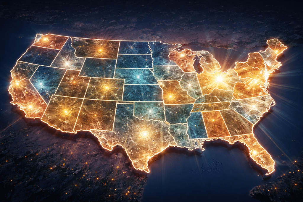 Illuminated map of the United States with individual states highlighted and glowing, symbolizing decentralized authority and state-level governance.