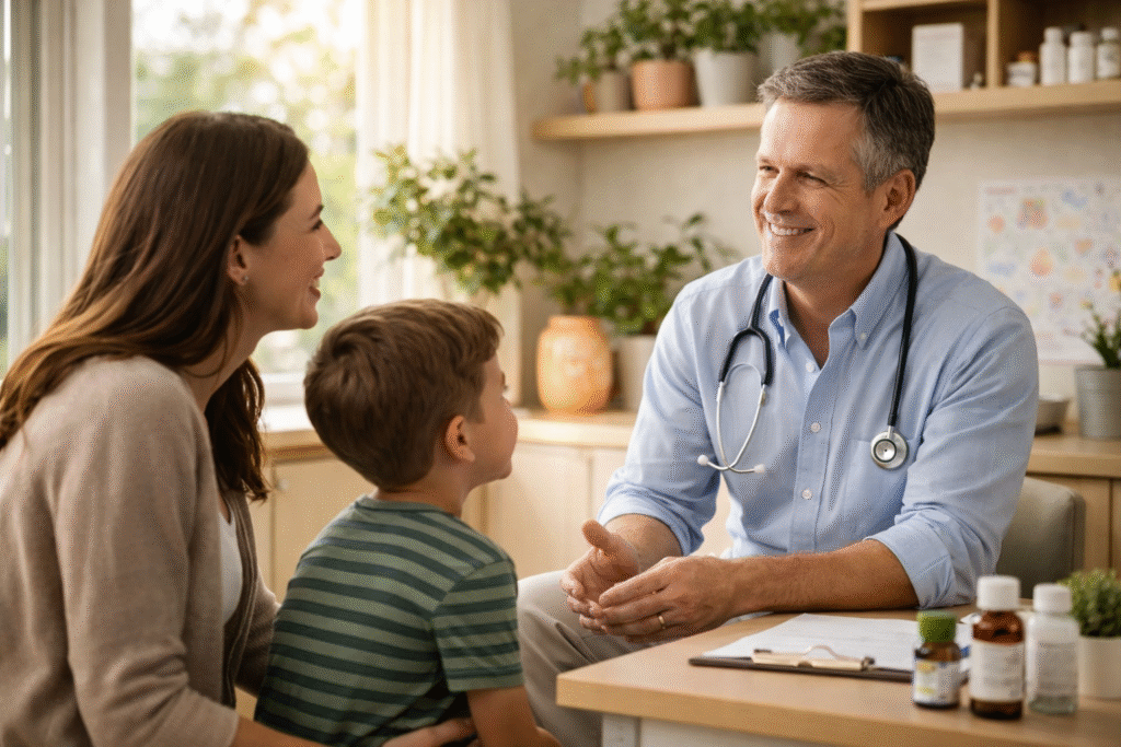 Pediatrician speaking with a parent and child in a calm clinic setting, representing holistic and patient-centered healthcare discussions.