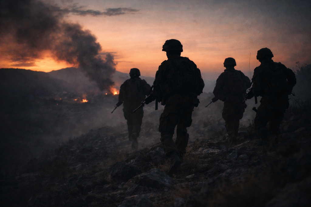 Silhouetted soldiers moving through rugged terrain at dusk, symbolizing military operations and casualties during ongoing conflict in southern Lebanon.