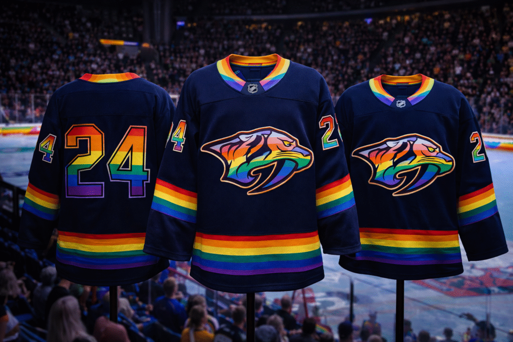 Nashville Predators Pride Night themed hockey jerseys featuring colorful logo designs displayed in an arena setting with fans and ice rink in the background.
