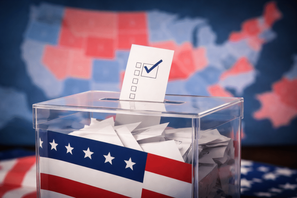 Ballot box with voting papers in the foreground and a blurred map in the background, symbolizing election results and redistricting impact.