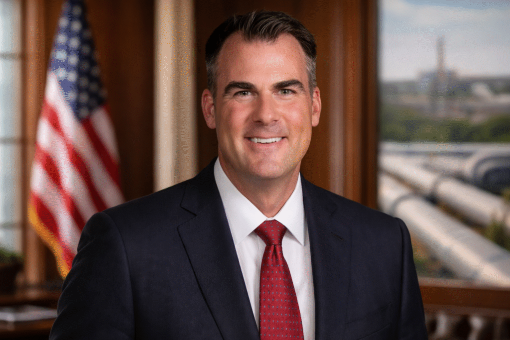 Portrait of a suited man in an office setting with an American flag behind him and energy pipelines visible through a window, smiling directly at the camera