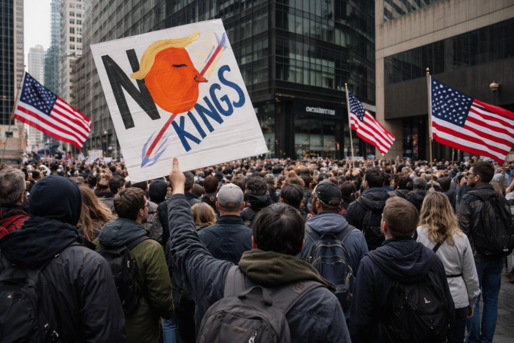 Large crowd gathered in a city street holding American flags, with a prominent “No Kings” protest sign featuring a crossed-out caricature, surrounded by tall buildings.