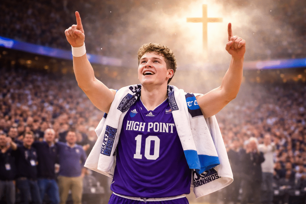 Basketball player celebrating victory on court with arms raised and pointing upward, with a glowing cross in the background symbolizing faith and gratitude.