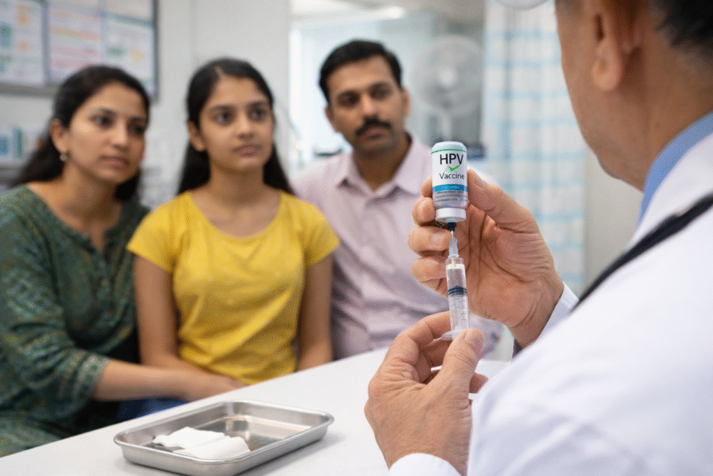 Doctor preparing an HPV vaccine injection in a clinic while parents and a teenage girl consult about vaccination.