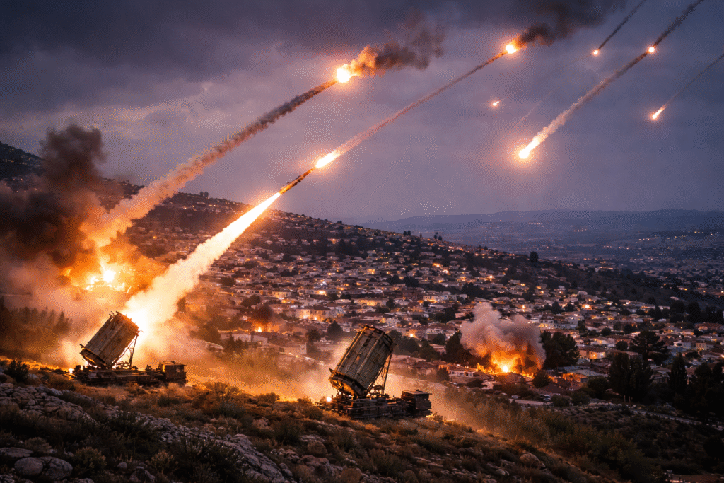 Photograph of Israeli Iron Dome launchers firing interceptors at incoming projectiles over a northern border town at dusk, symbolizing Hezbollah’s rocket strikes into Israel.