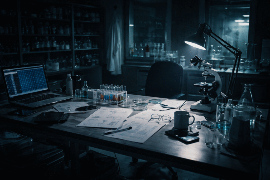 Dimly lit laboratory with empty workstation and scattered research notes, symbolizing missing scientists and unexplained disappearances
