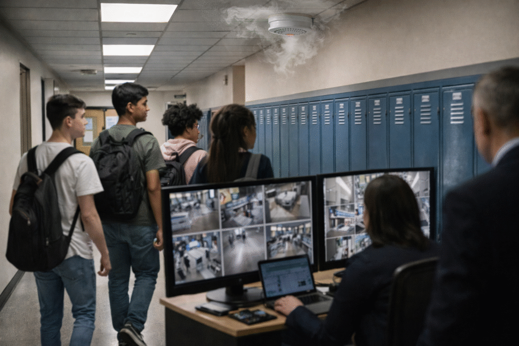 Students walking through a high school hallway with lockers while administrators monitor campus safety systems.
