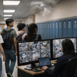 Students walking through a high school hallway with lockers while administrators monitor campus safety systems.