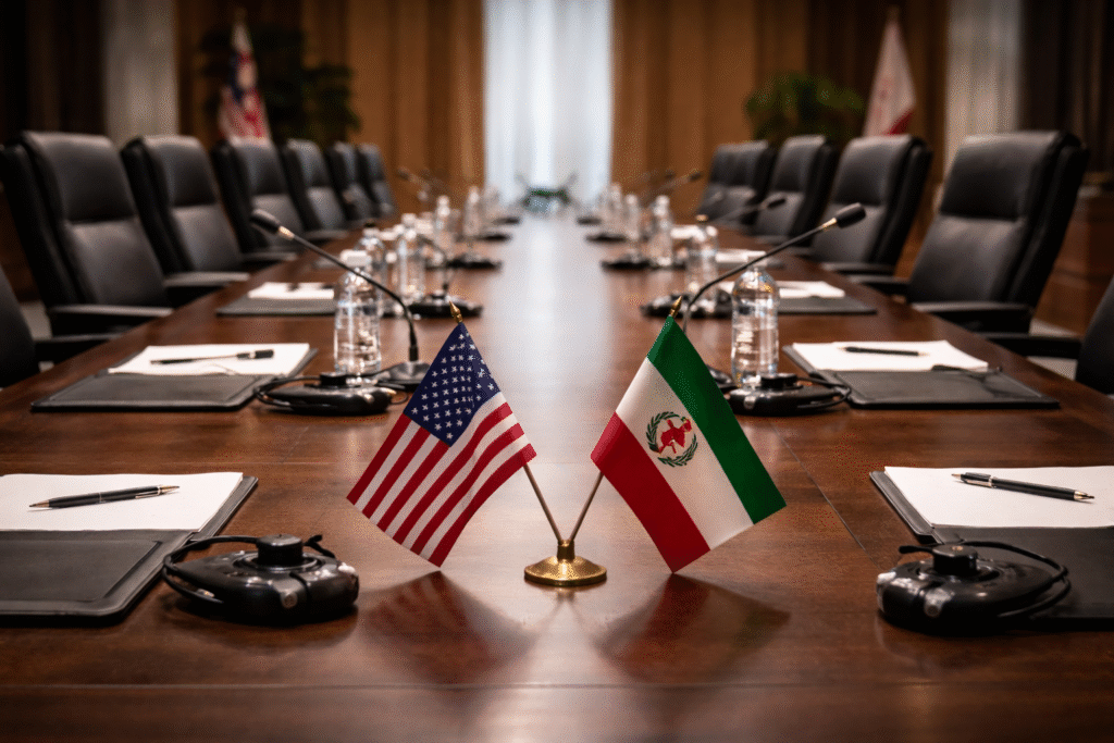 Empty diplomatic negotiation table with microphones and seats, symbolizing stalled nuclear talks between U.S. and Iran negotiators.